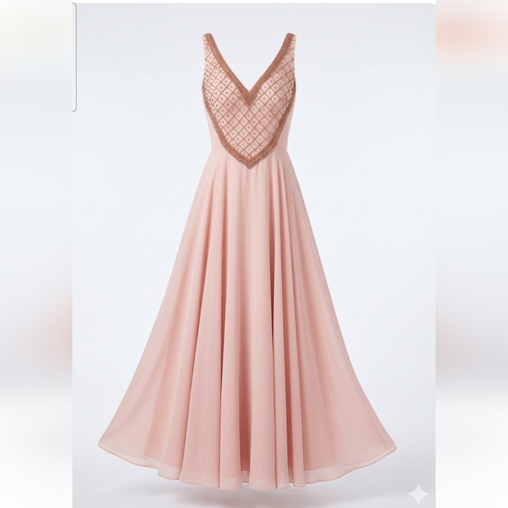 Mike Benet Formals Blush Pink V‑Neck Full Length Vintage Formal Beaded Bodice